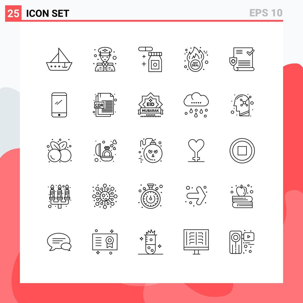 Mobile Interface Line Set of 25 Pictograms of file medical tablet hot deal deal Editable Vector Design Elements