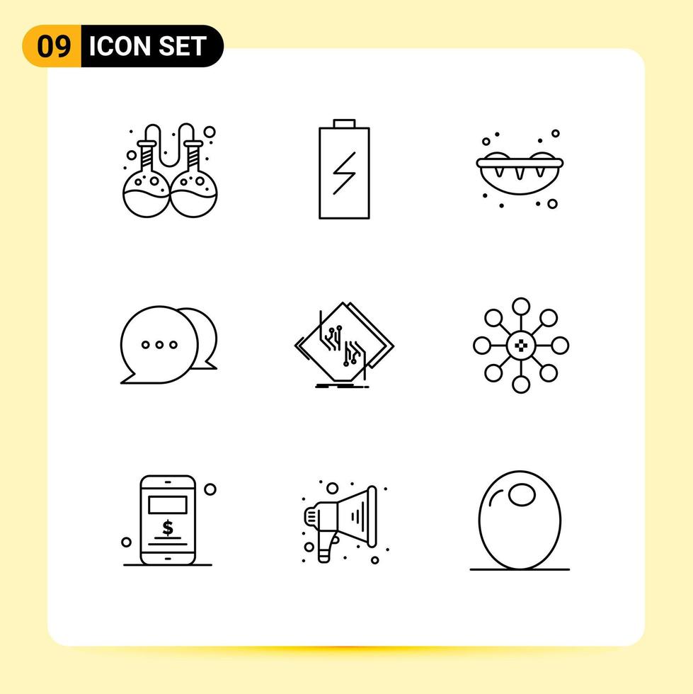 Mobile Interface Outline Set of 9 Pictograms of network chip sushi board communication Editable Vector Design Elements
