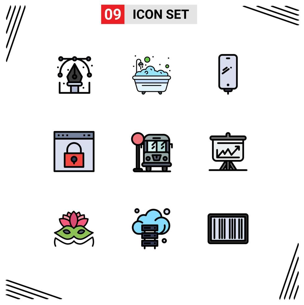 Filledline Flat Color Pack of 9 Universal Symbols of page interface bathroom browser charging Editable Vector Design Elements