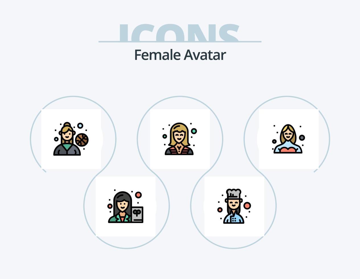 línea de avatar femenino lleno de icono paquete 5 diseño de icono. presentador de noticias ancla femenina. analista de negocios. trabajador. femenino vector