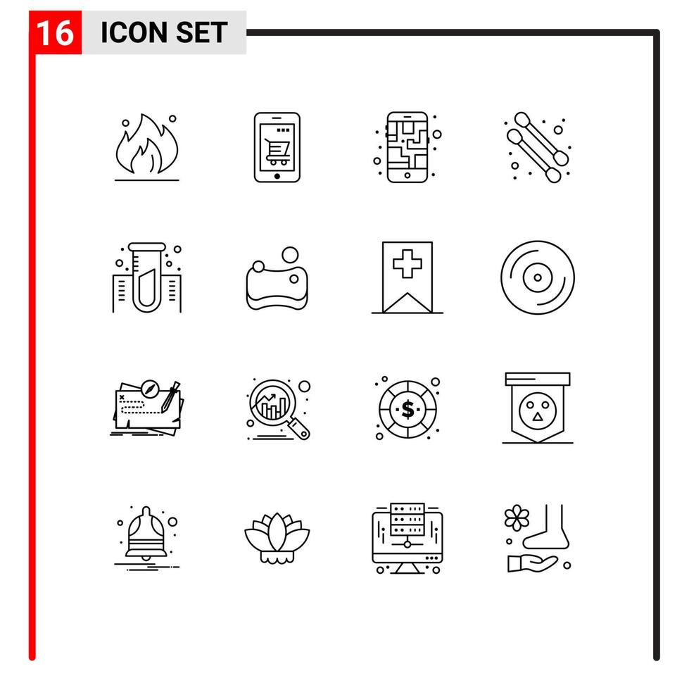 Pack of 16 Modern Outlines Signs and Symbols for Web Print Media such as lab chemistry basket cotton swab route Editable Vector Design Elements