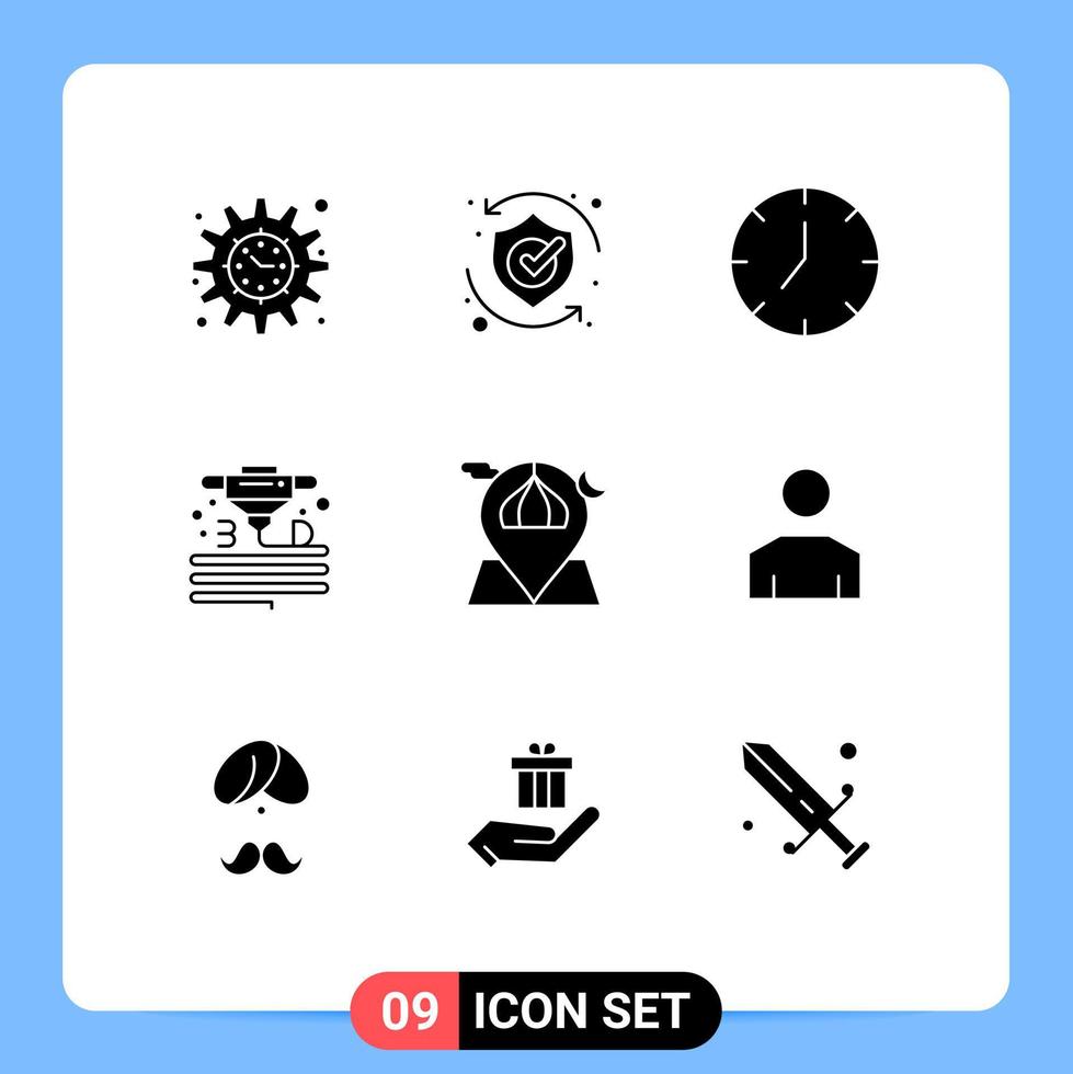 conjunto moderno de 9 pictogramas de glifos sólidos de material de solución de plástico de mezquita elementos de diseño vectorial editables multimedia vector