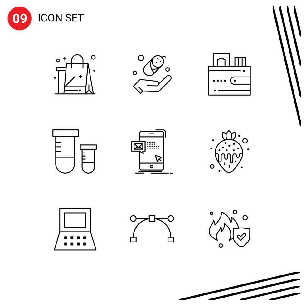 Mobile Interface Outline Set of 9 Pictograms of dialog space card science potion Editable Vector Design Elements