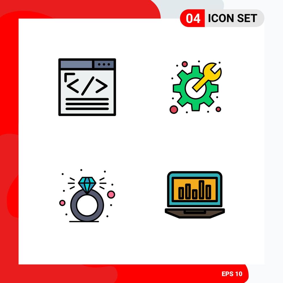 paquete de 4 signos y símbolos de colores planos de línea de relleno modernos para medios de impresión web, como elementos de diseño vectorial editables de anillos de engranajes de diseño web de diamantes de navegador vector