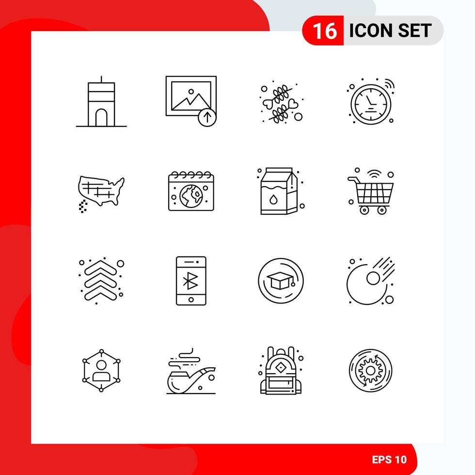 Pack of 16 creative Outlines of united map heart watch signal Editable Vector Design Elements