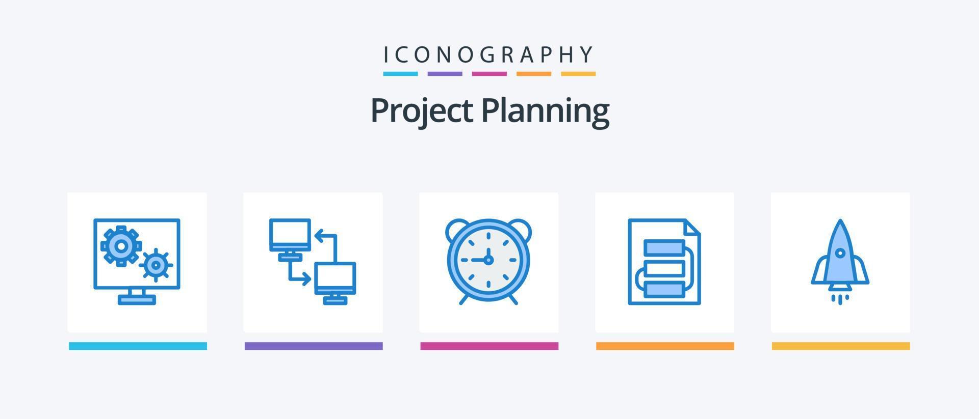 Project Planing Blue 5 Icon Pack Including planning. document. sharing. watch. time. Creative Icons Design vector
