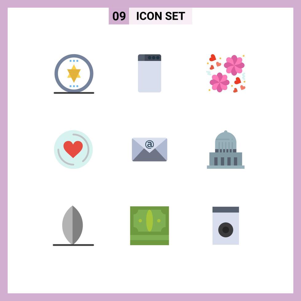 Pictogram Set of 9 Simple Flat Colors of usa city heart building inbox Editable Vector Design Elements