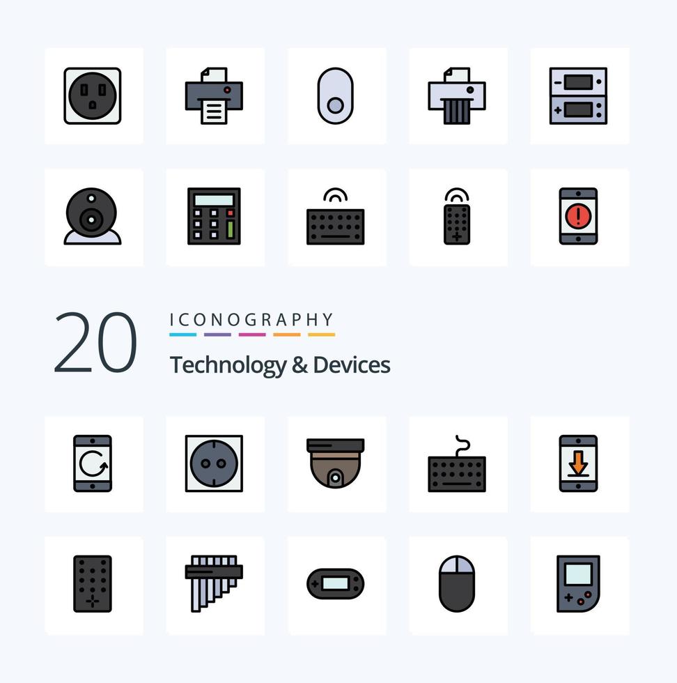 20 Devices Line Filled Color icon Pack like download device roof cellphone keyboard vector