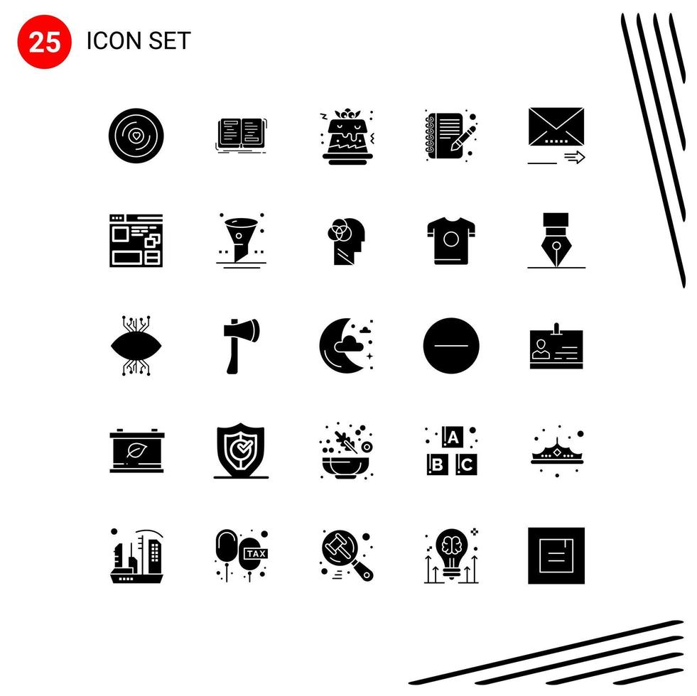 Universal Icon Symbols Group of 25 Modern Solid Glyphs of navigation email theory write book Editable Vector Design Elements