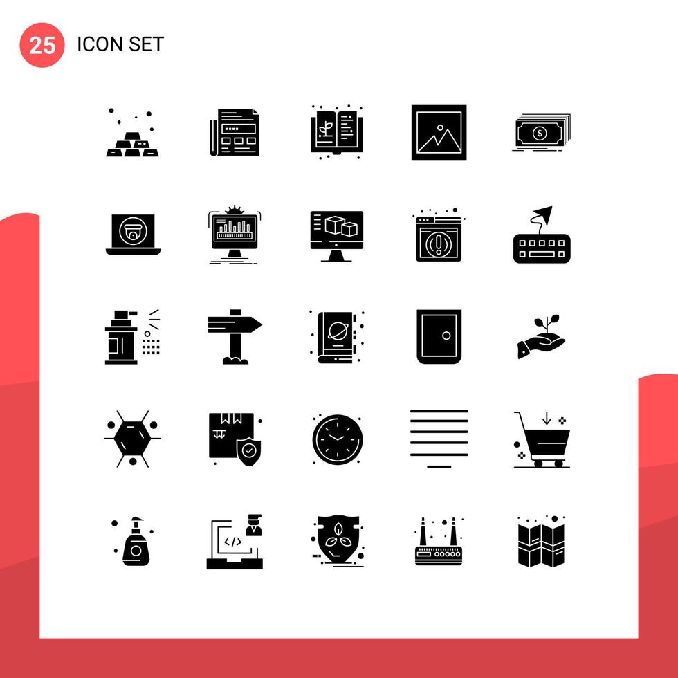 User Interface Pack of 25 Basic Solid Glyphs of dollar picture book photo knowledge Editable Vector Design Elements