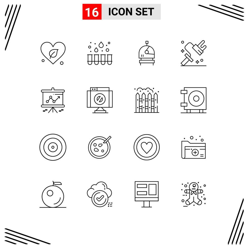 Modern Set of 16 Outlines Pictograph of projector graph helmet chart roller Editable Vector Design Elements