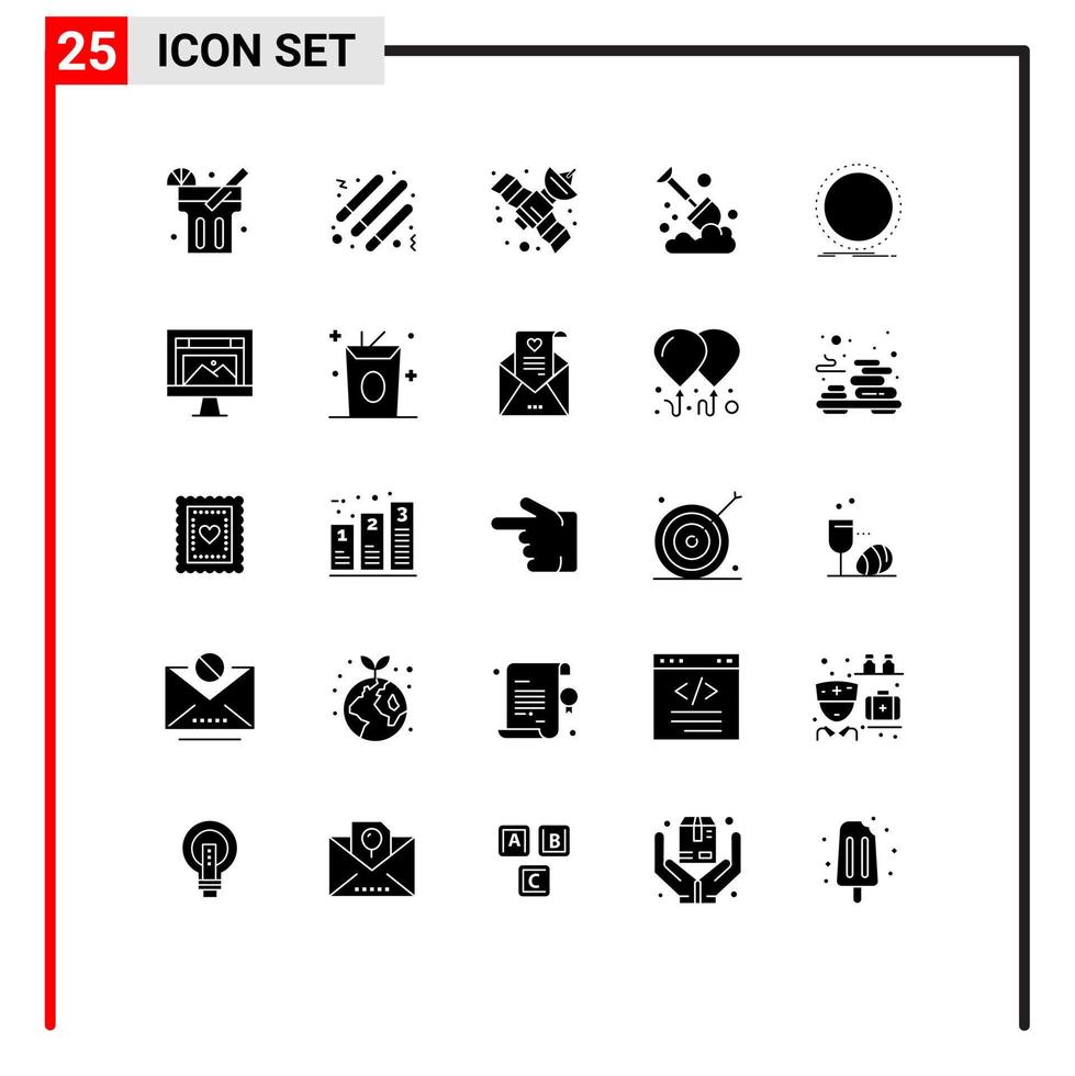 Pack of 25 Modern Solid Glyphs Signs and Symbols for Web Print Media such as record dj satellite disc farming Editable Vector Design Elements