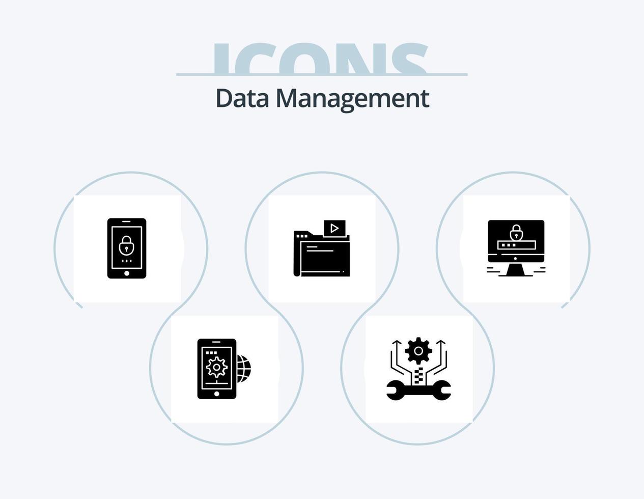 Data Management Glyph Icon Pack 5 Icon Design. folder . security. gear . mobile . encryption vector