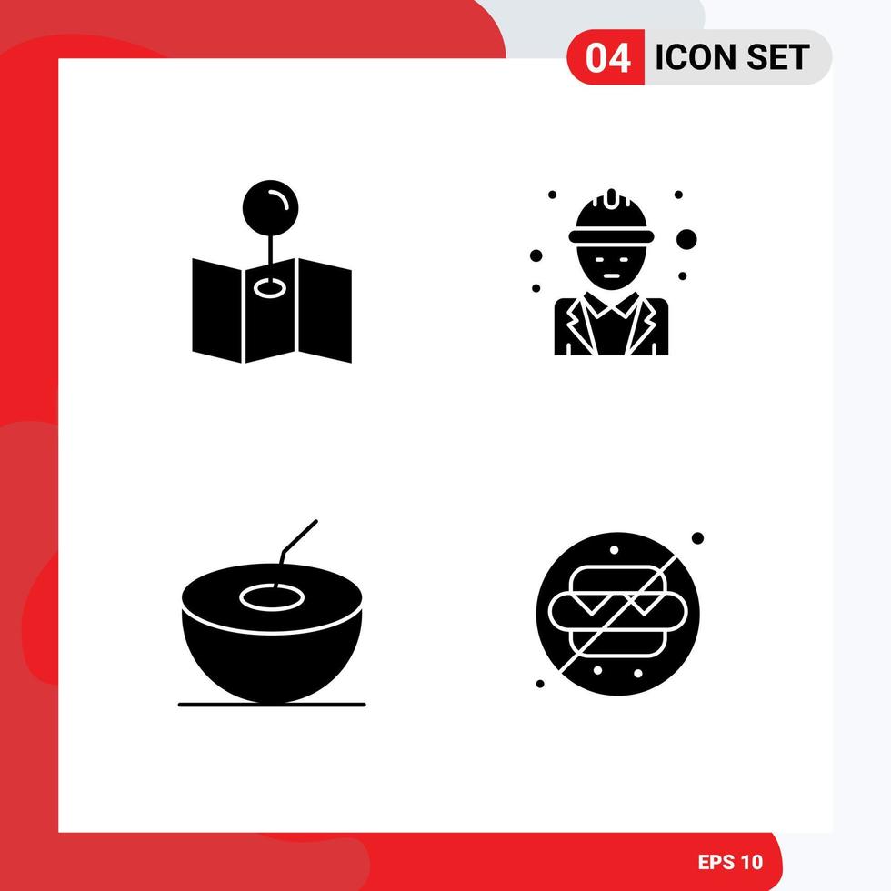 Universal Icon Symbols Group of 4 Modern Solid Glyphs of map no food engineer manager water Editable Vector Design Elements