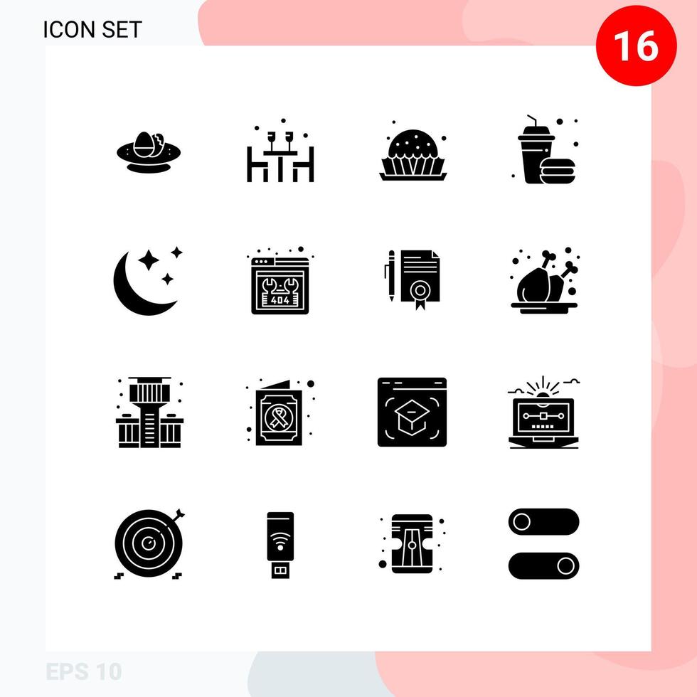 Group of 16 Solid Glyphs Signs and Symbols for food drink love burger pie Editable Vector Design Elements