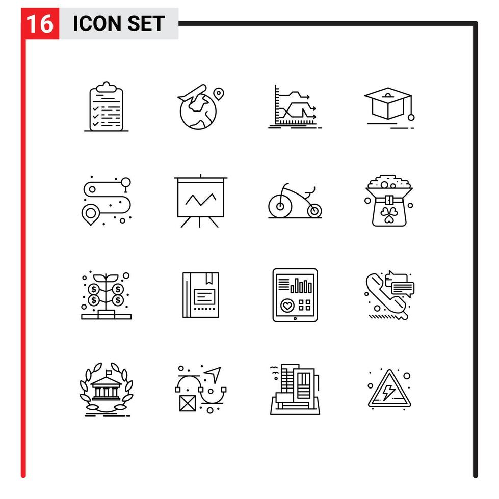 Pack of 16 Modern Outlines Signs and Symbols for Web Print Media such as point education job cap market Editable Vector Design Elements