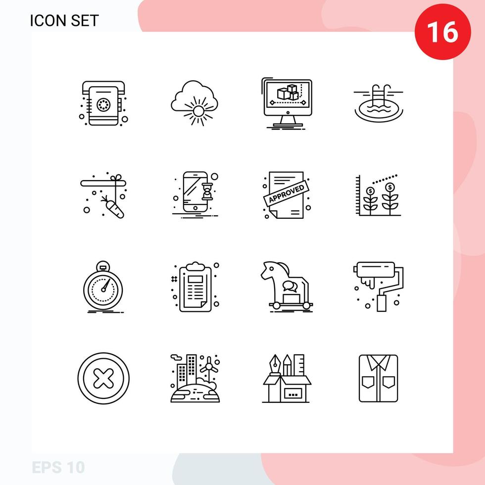 Modern Set of 16 Outlines and symbols such as fishing hotel animation pool software Editable Vector Design Elements