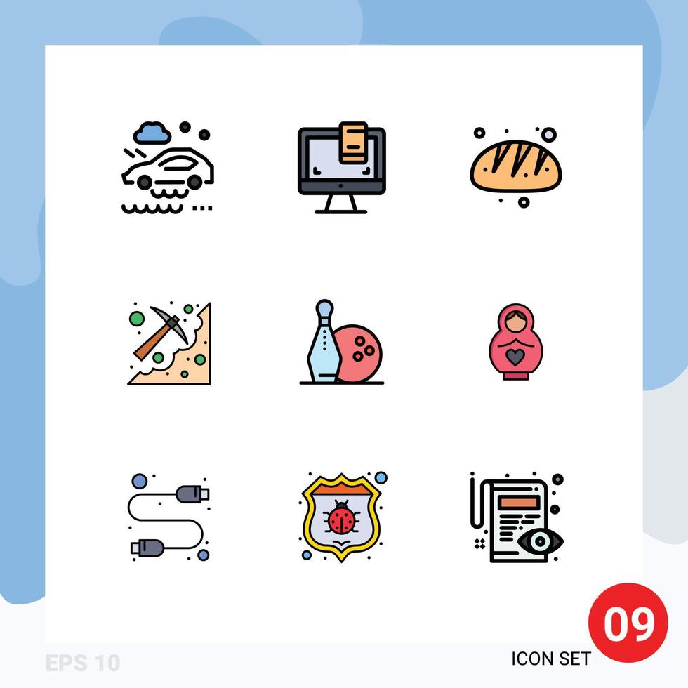 9 Universal Filledline Flat Color Signs Symbols of activity pick bakery mining cave Editable Vector Design Elements