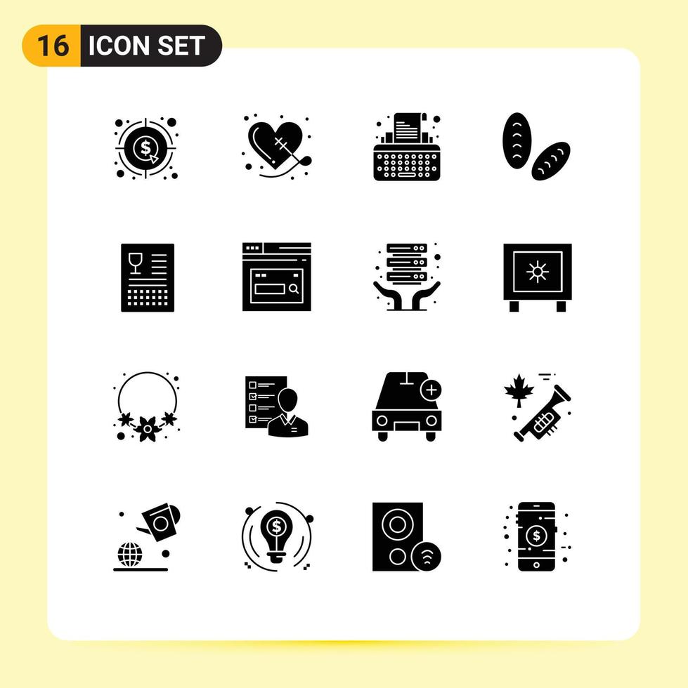16 Solid Glyph concept for Websites Mobile and Apps cooking food sewing bread writer Editable Vector Design Elements