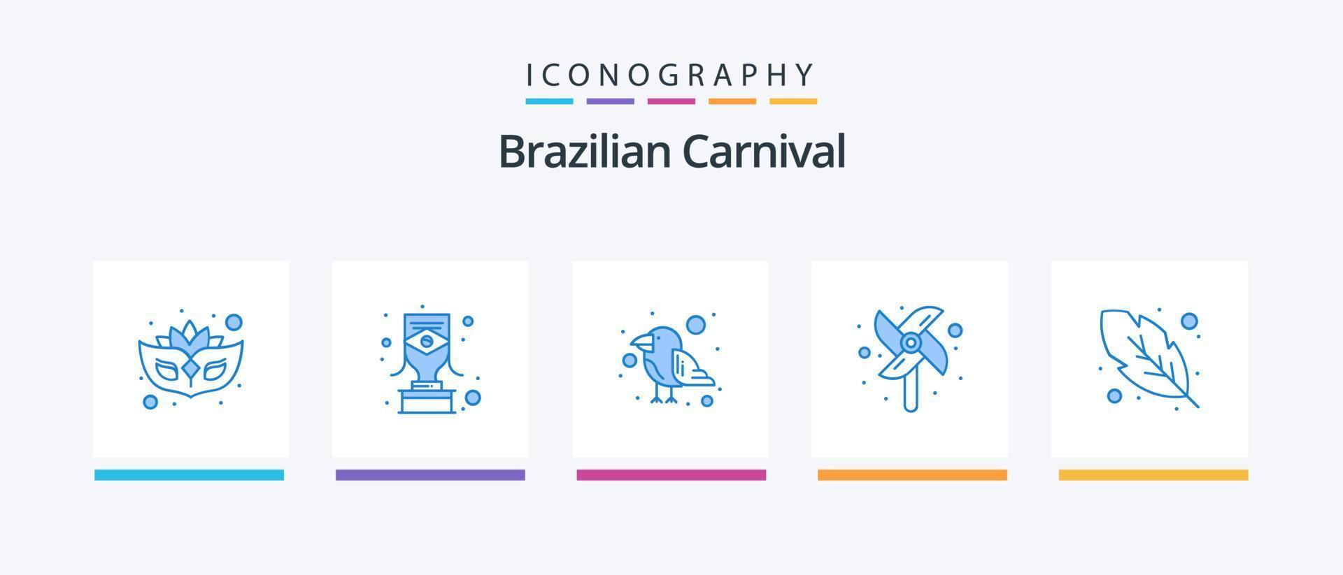 paquete de iconos azul 5 del carnaval brasileño que incluye. pluma. loro. caligrafía. molino. diseño de iconos creativos vector