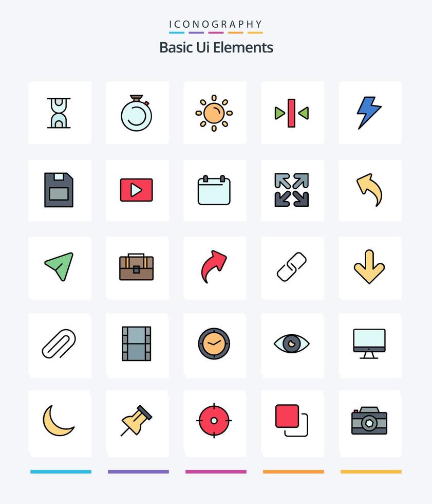 Creative Basic Ui Elements 25 Line FIlled icon pack  Such As charg. media. brightness. back. play vector