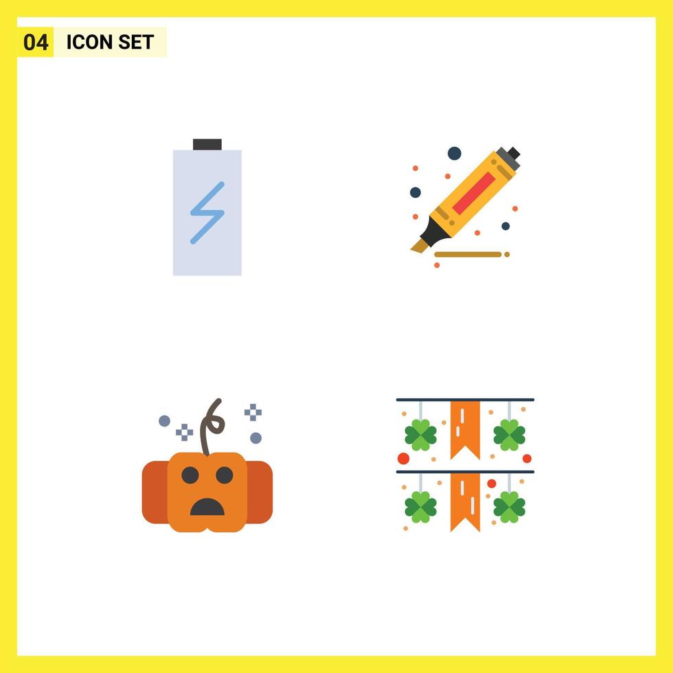 Modern Set of 4 Flat Icons Pictograph of battery eve electric highlighter hallows Editable Vector Design Elements