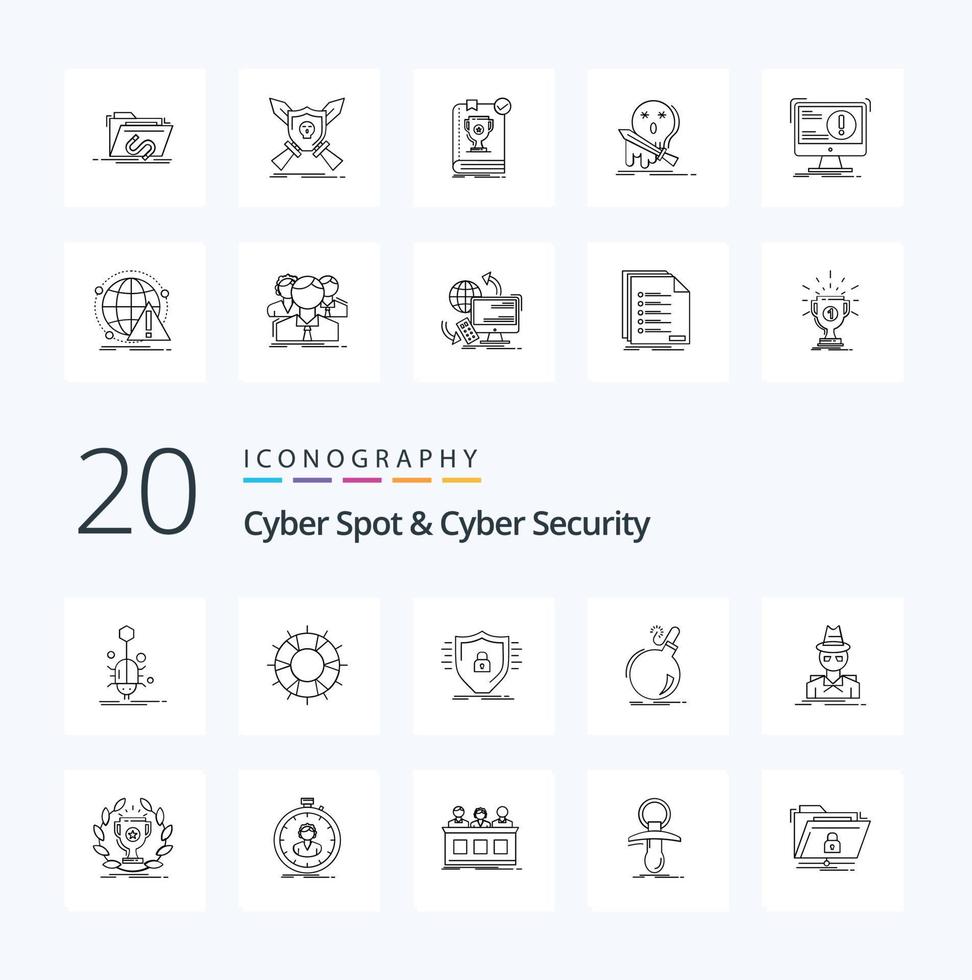 Paquete de iconos de 20 puntos cibernéticos y línea de seguridad cibernética como bomba de peligro guardar protección de escudo vector