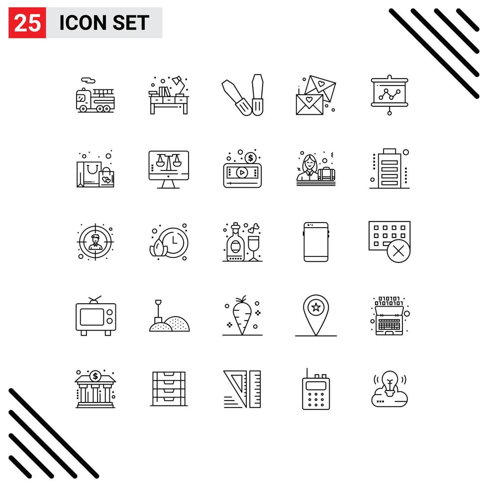 25 Universal Line Signs Symbols of projector graph mechanic board glasses Editable Vector Design Elements