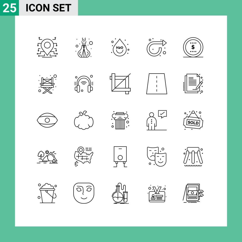 25 Universal Lines Set for Web and Mobile Applications coin right beverage repeat arrow Editable Vector Design Elements