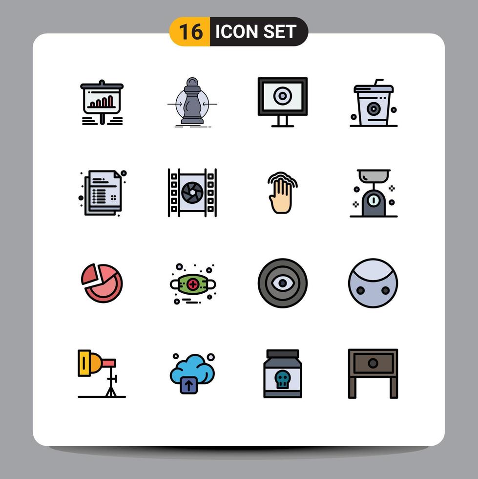 Flat Color Filled Line Pack of 16 Universal Symbols of meal drinks lower cooking webcam Editable Creative Vector Design Elements