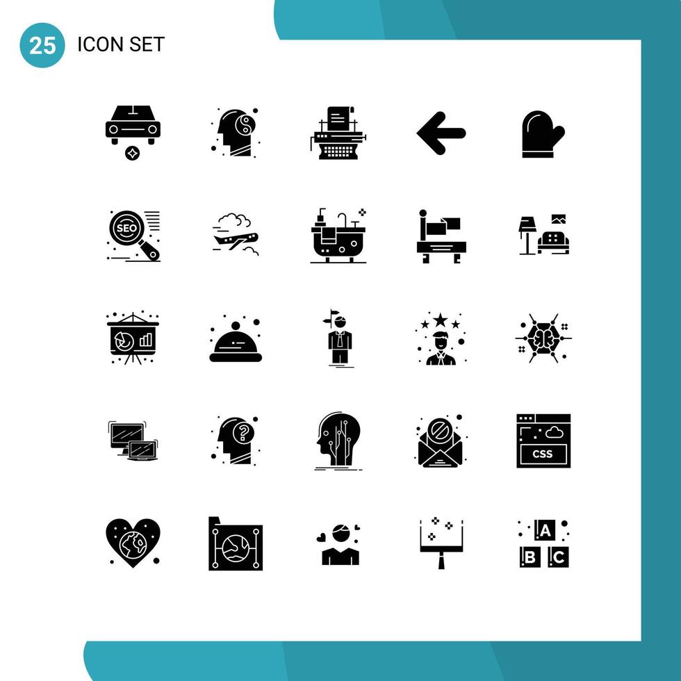 Pack of 25 creative Solid Glyphs of potholder point back copywriting back arrow Editable Vector Design Elements