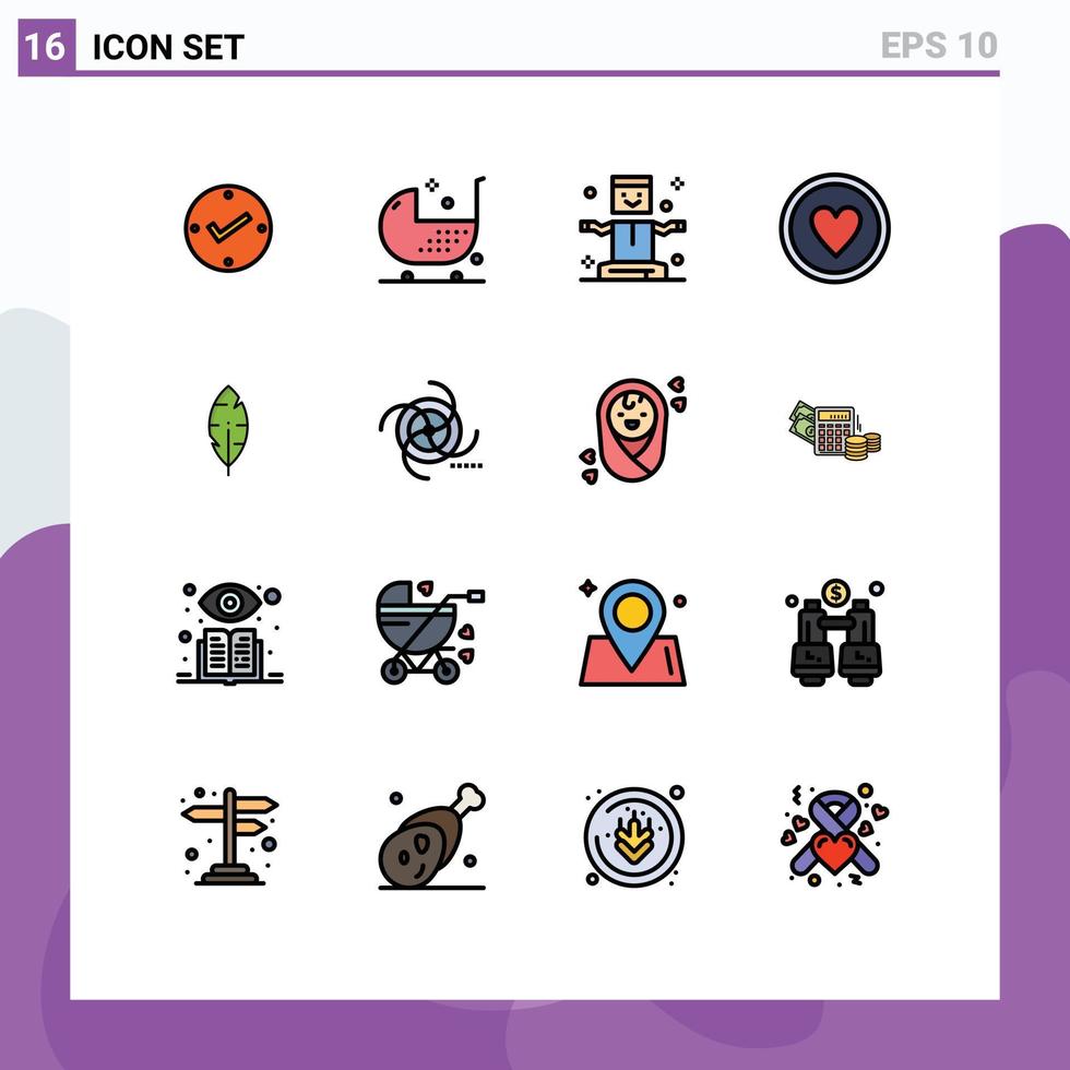 Pack of 16 Modern Flat Color Filled Lines Signs and Symbols for Web Print Media such as feather heart form award magic Editable Creative Vector Design Elements