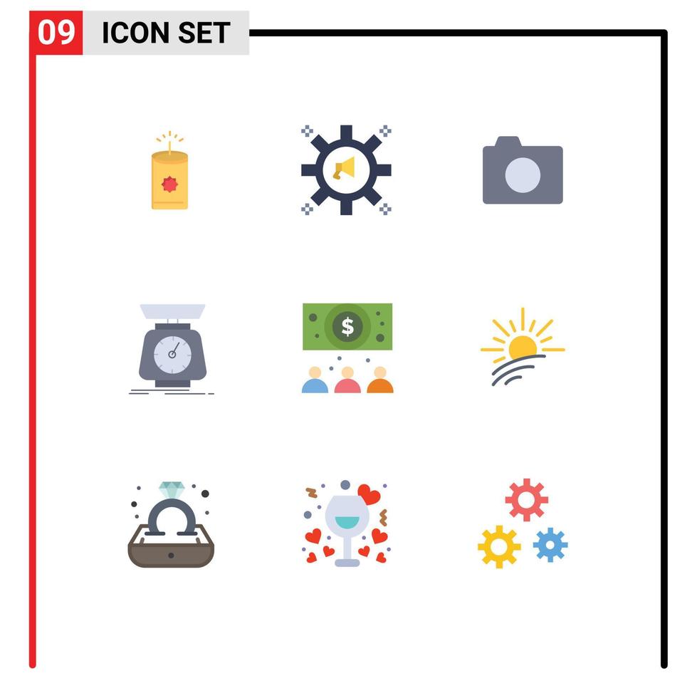 Pack of 9 creative Flat Colors of business scales camera scale implementation Editable Vector Design Elements