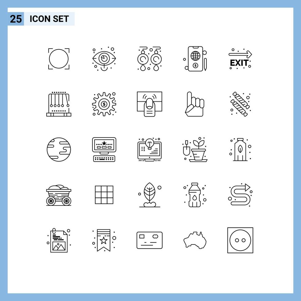 Editable Vector Line Pack of 25 Simple Lines of fire exit dollar vision globe jewelry Editable Vector Design Elements