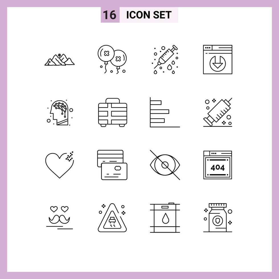 Pack of 16 Modern Outlines Signs and Symbols for Web Print Media such as brain server download celebration server download needle Editable Vector Design Elements