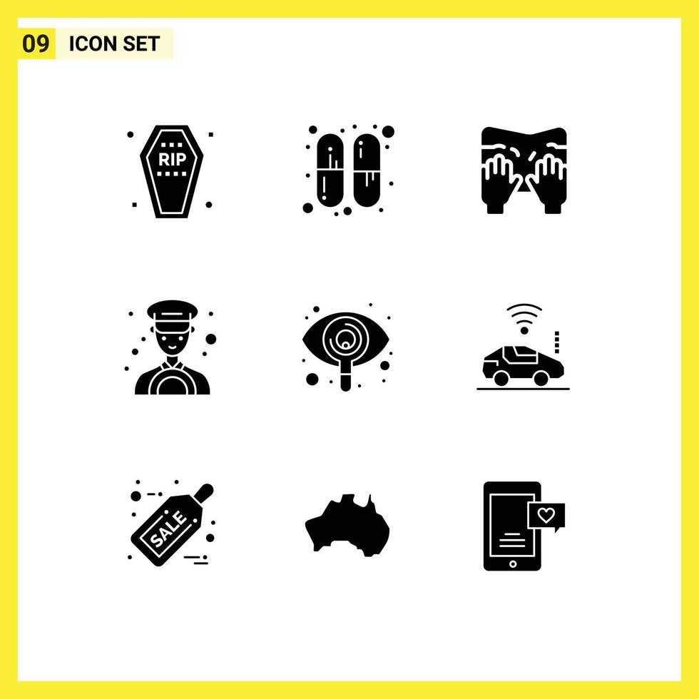 Editable Vector Line Pack of 9 Simple Solid Glyphs of seen eye massage taxi car Editable Vector Design Elements