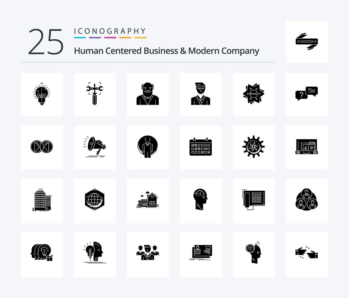Human Centered Business And Modern Company 25 Solid Glyph icon pack including branding. student. grandpaa. manager. man vector