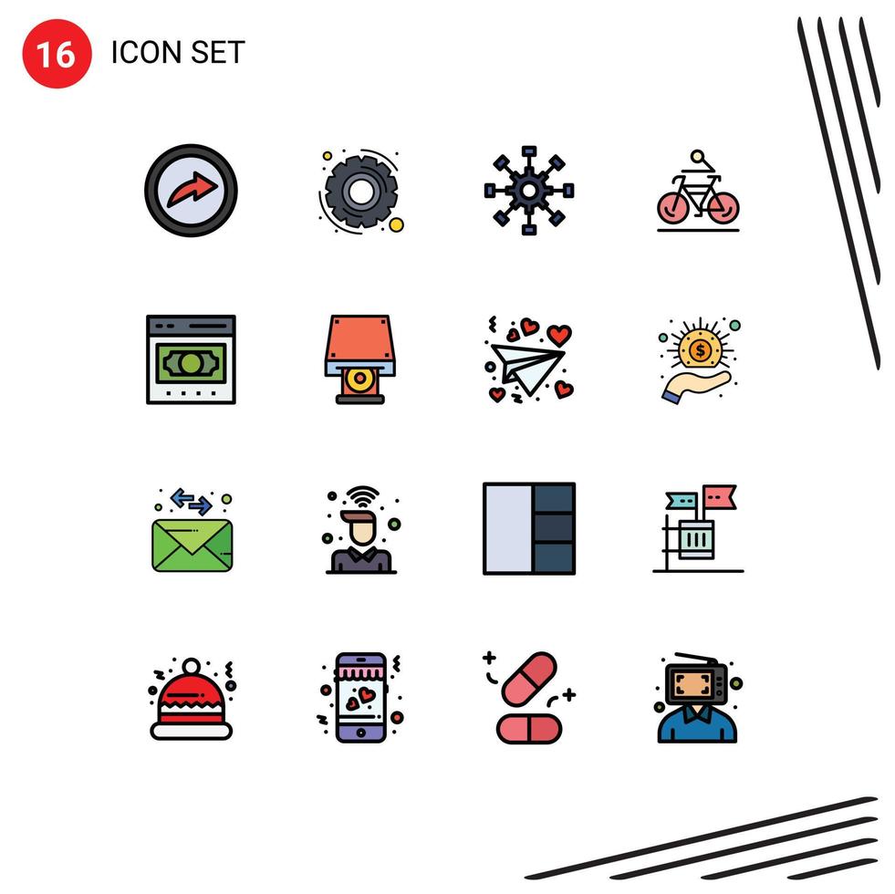 Universal Icon Symbols Group of 16 Modern Flat Color Filled Lines of ecommerce cycling collaboration biking bicycle Editable Creative Vector Design Elements