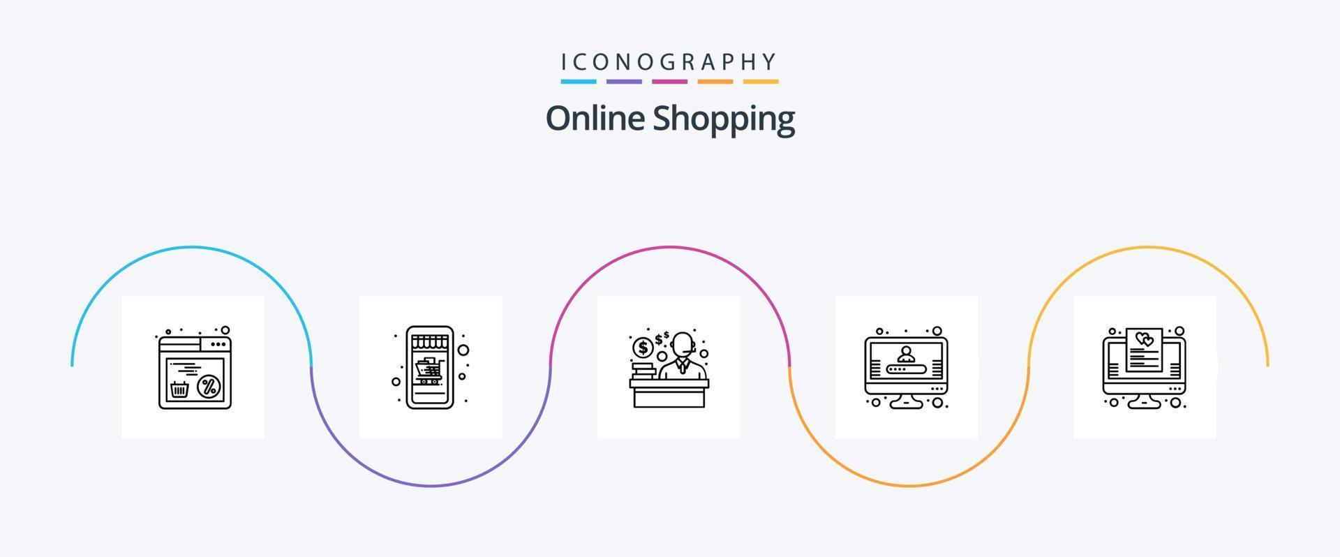 paquete de iconos de la línea 5 de compras en línea que incluye. lista. cliente. favorito. registro vector