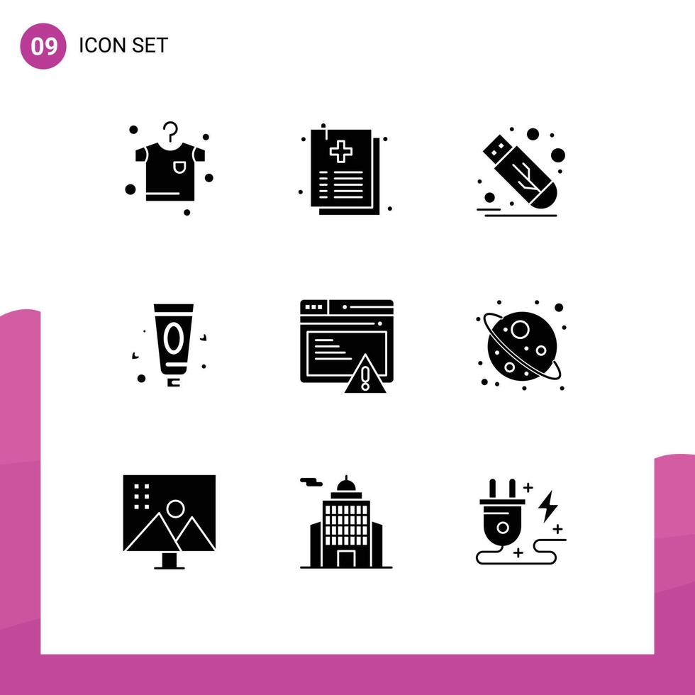 Mobile Interface Solid Glyph Set of 9 Pictograms of alert web flash seo lotion Editable Vector Design Elements