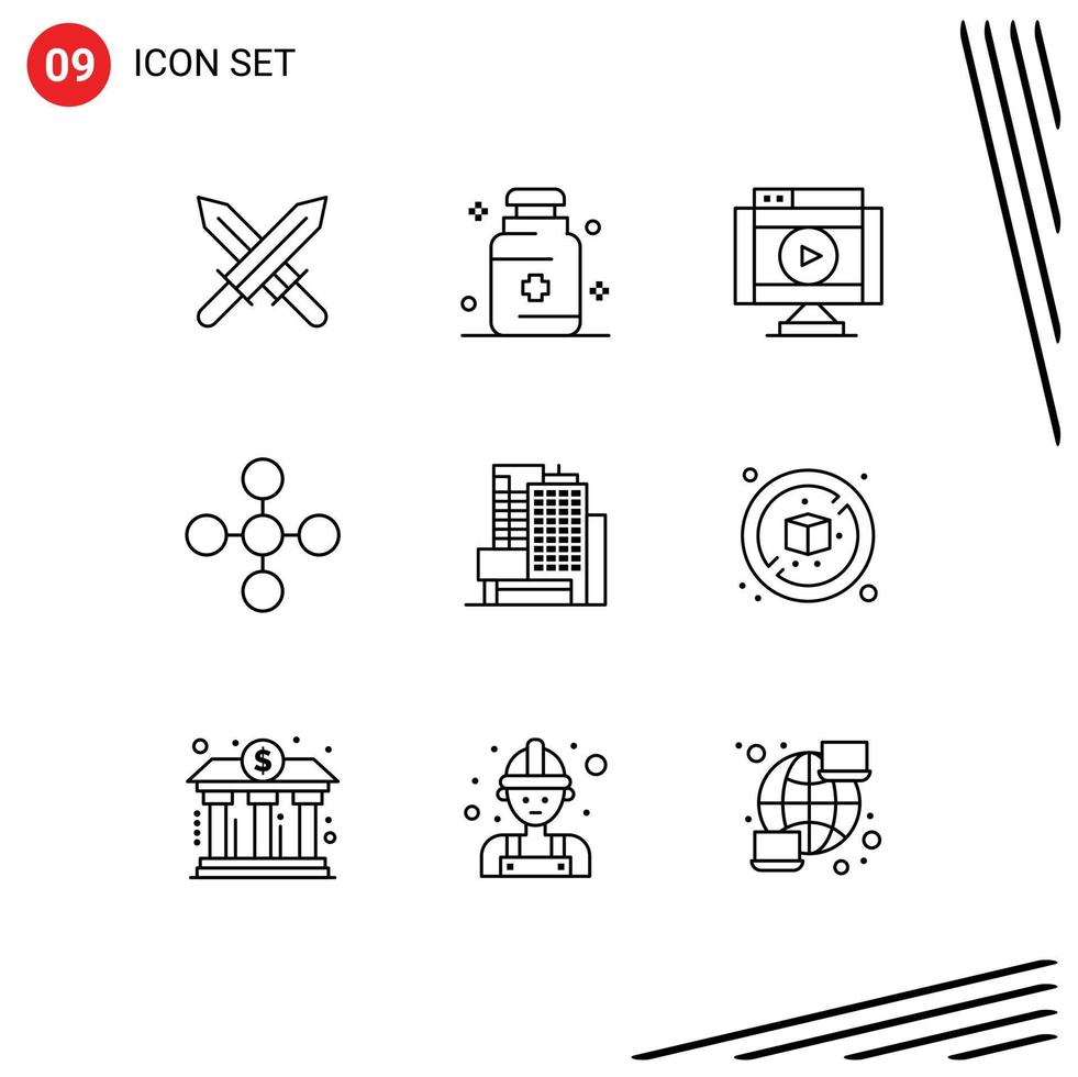 Group of 9 Modern Outlines Set for business share movie network central Editable Vector Design Elements