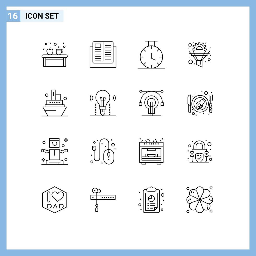 Group of 16 Outlines Signs and Symbols for cruise gear learning funnel cog Editable Vector Design Elements