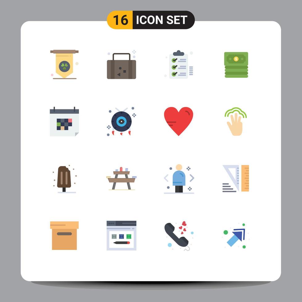 paquete de color plano de interfaz de usuario de 16 de signos y símbolos modernos de tareas de calendario de día cita paquete editable en dólares de elementos creativos de diseño de vectores