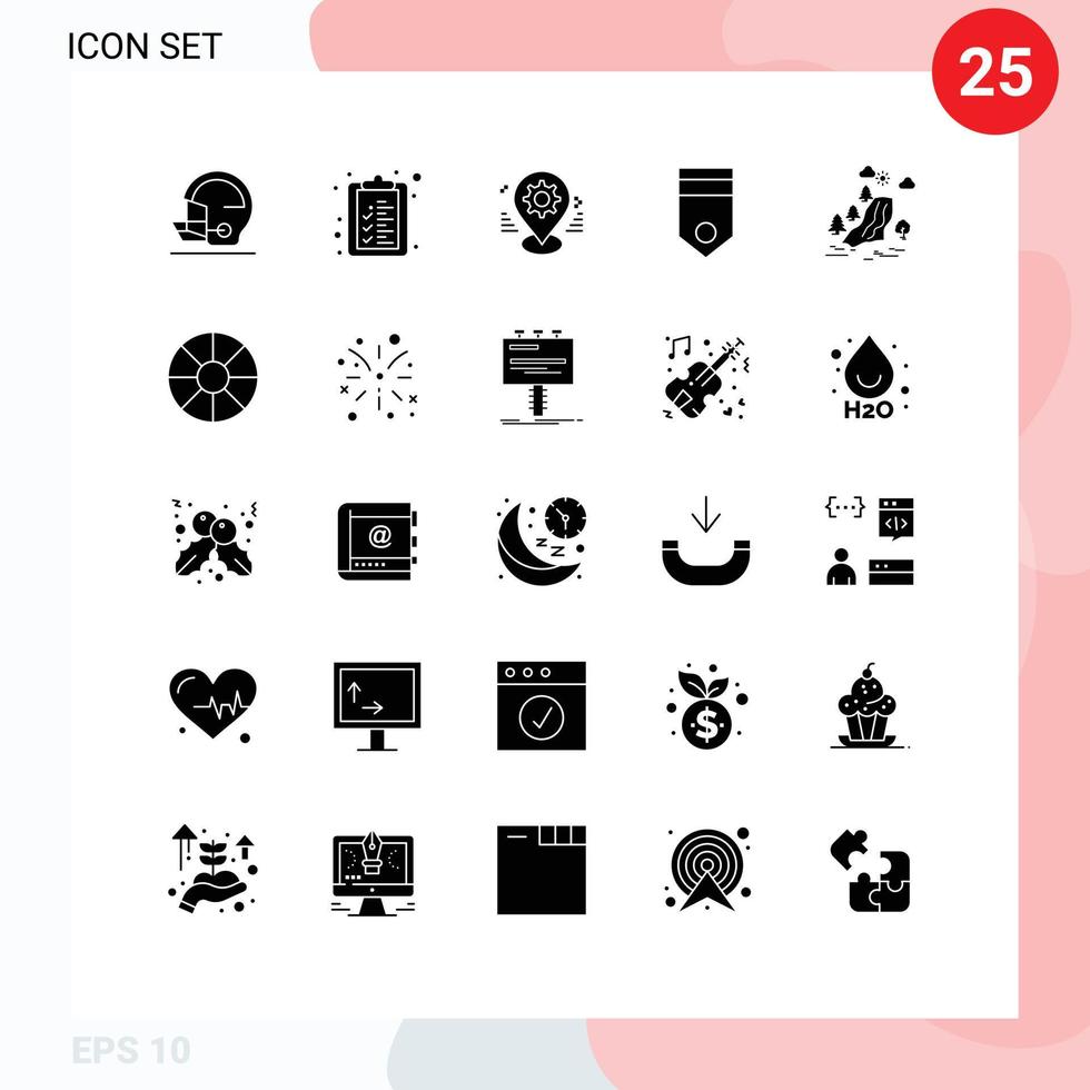 Mobile Interface Solid Glyph Set of 25 Pictograms of waterfall rank gps military army Editable Vector Design Elements