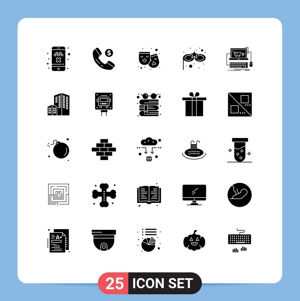 25 Universal Solid Glyphs Set for Web and Mobile Applications store online theatre cart costume mask Editable Vector Design Elements