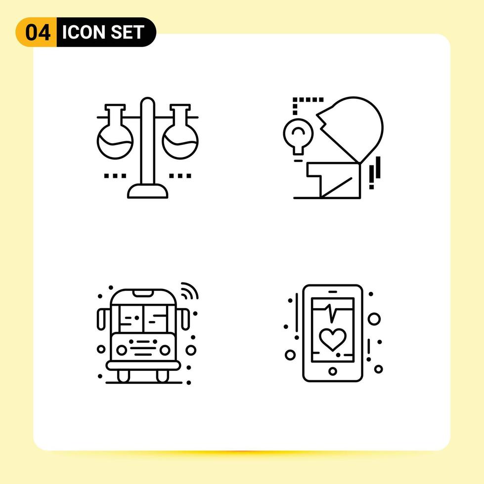 Editable Vector Line Pack of 4 Simple Filledline Flat Colors of chemical laboratory bus test flask mind smart Editable Vector Design Elements