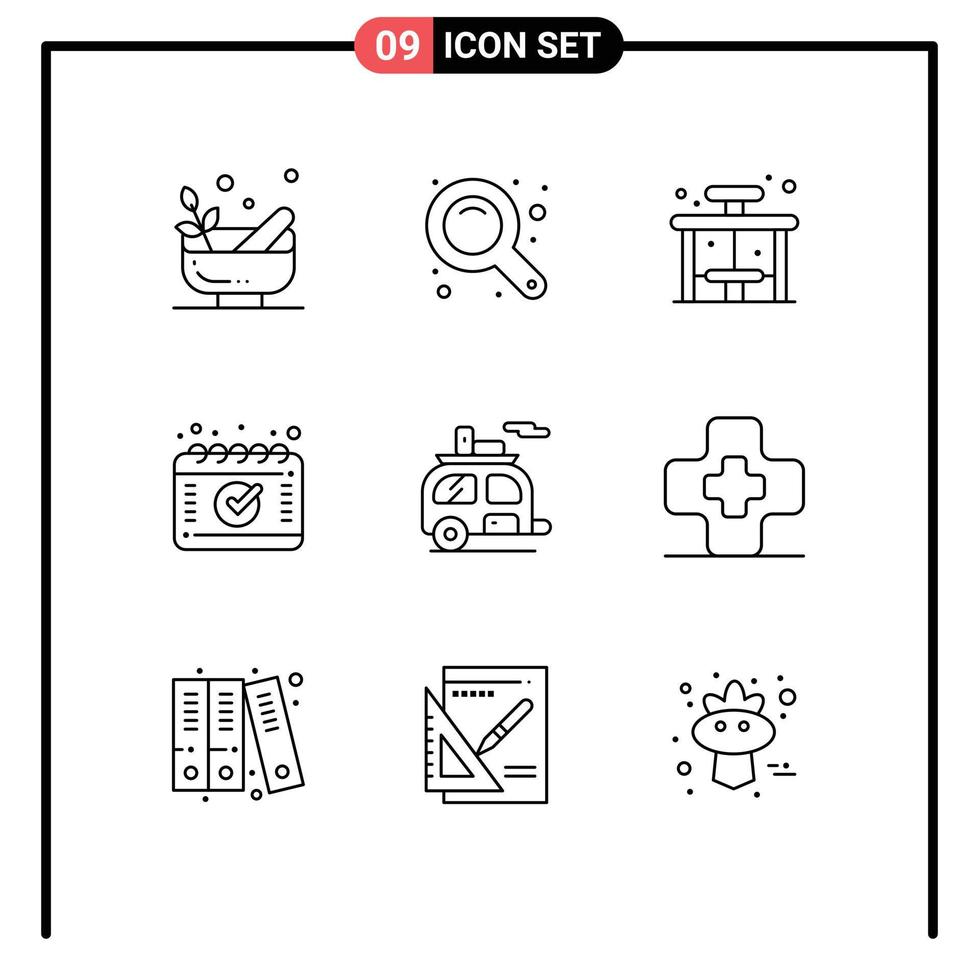 Stock Vector Icon Pack of 9 Line Signs and Symbols for tourism camp city schedule appointment Editable Vector Design Elements