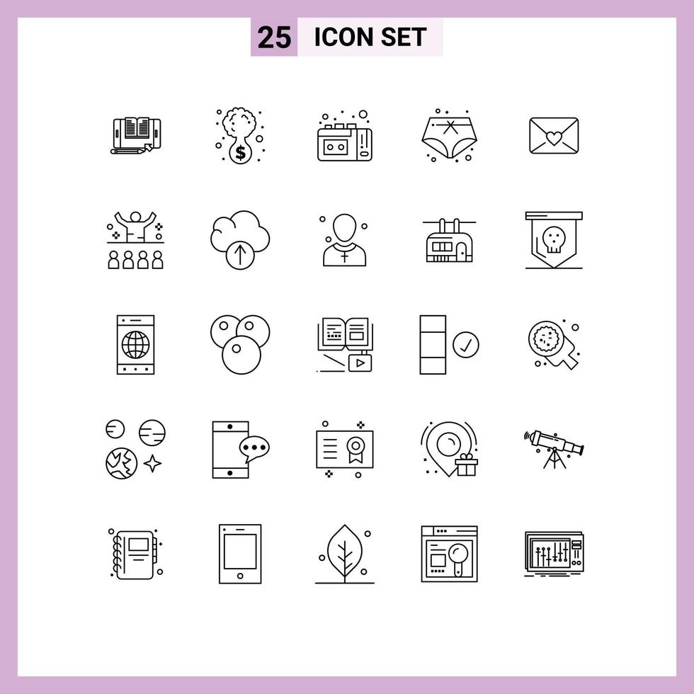 Line Pack of 25 Universal Symbols of heart mail money bank vacation shorts Editable Vector Design Elements