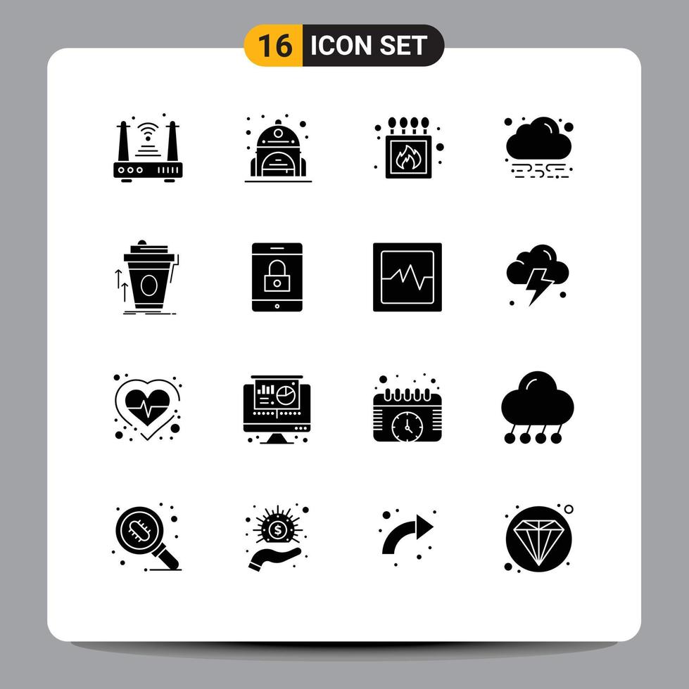 Modern Set of 16 Solid Glyphs Pictograph of coffee product camping cloud energy Editable Vector Design Elements