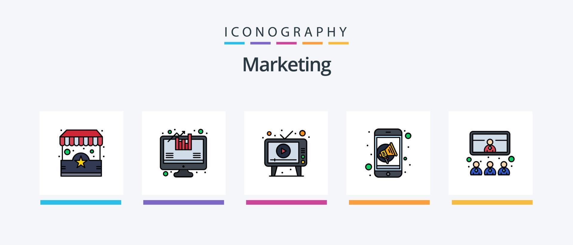 la línea de marketing llenó el paquete de 5 iconos, incluidos los medios. anuncio. web. comentario. la satisfacción del cliente. diseño de iconos creativos vector